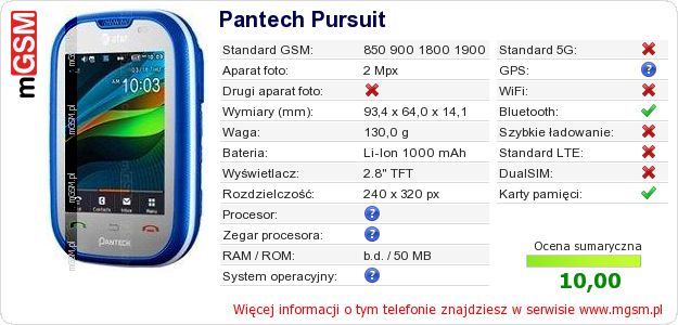 Dane telefonu Pantech Pursuit