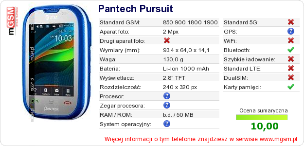 Dane telefonu Pantech Pursuit