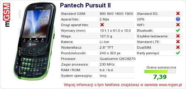 Dane telefonu Pantech Pursuit II Dane telefonu Pantech Pursuit II