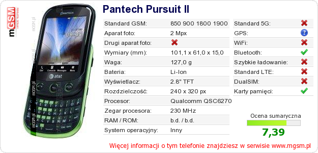 Dane telefonu Pantech Pursuit II