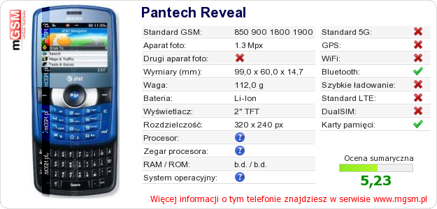 Dane telefonu Pantech Reveal