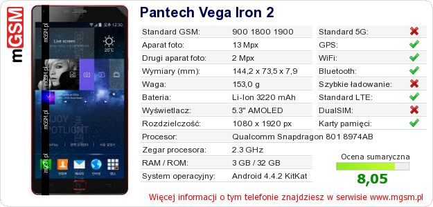 Dane telefonu Pantech Vega Iron 2
