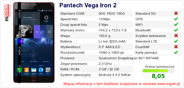 Dane telefonu Pantech Vega Iron 2