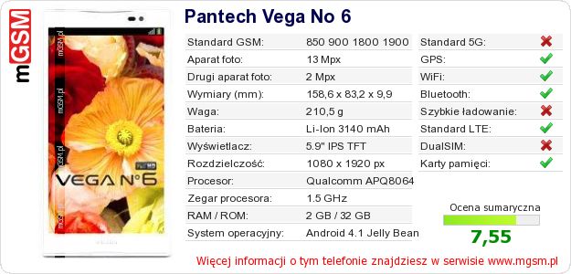 Dane telefonu Pantech Vega No 6 Dane telefonu Pantech Vega No 6