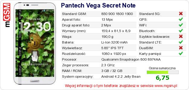 Dane telefonu Pantech Vega Secret Note Dane telefonu Pantech Vega Secret Note