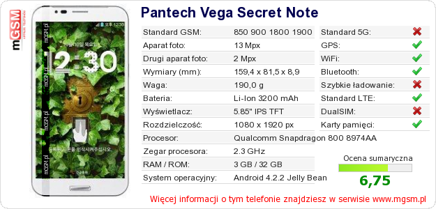 Dane telefonu Pantech Vega Secret Note