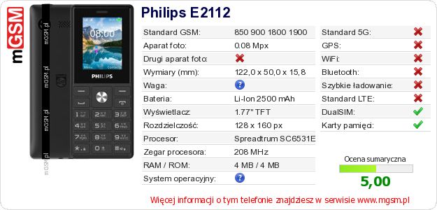 Dane telefonu Philips E2112 Dane telefonu Philips E2112