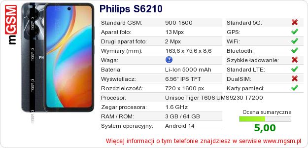 Dane telefonu Philips S6210 Dane telefonu Philips S6210
