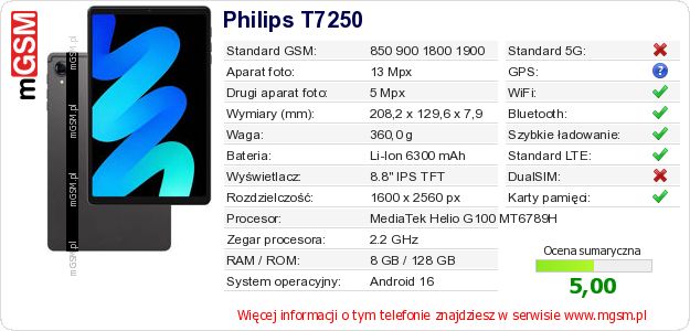 Dane telefonu Philips T7250