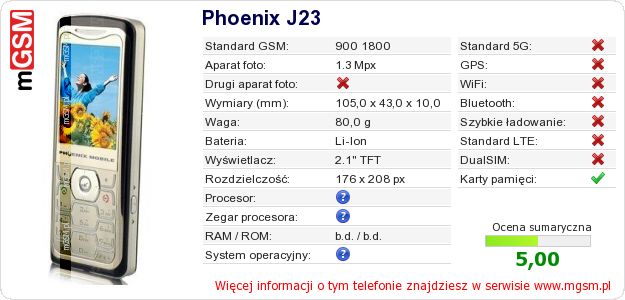 Dane telefonu Phoenix J23