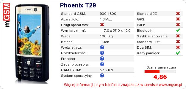 Dane telefonu Phoenix T29 Dane telefonu Phoenix T29