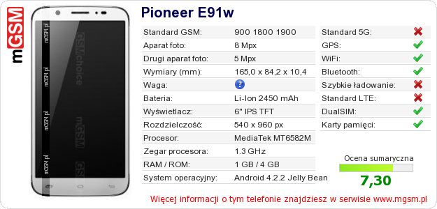 Dane telefonu Pioneer E91w