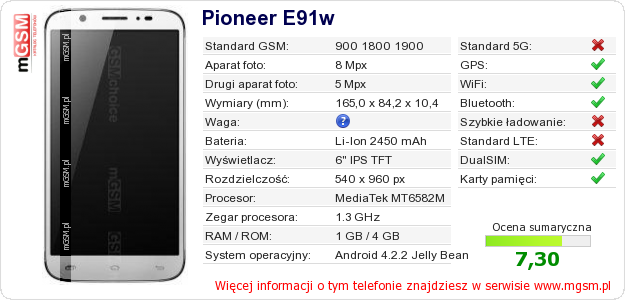 Dane telefonu Pioneer E91w