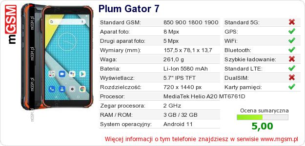 Dane telefonu Plum Gator 7