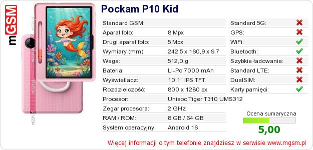 Dane telefonu Pockam P10 Kid