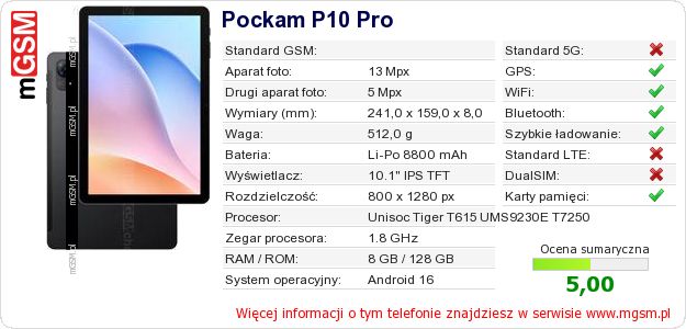 Dane telefonu Pockam P10 Pro