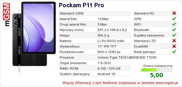 Dane telefonu Pockam P11 Pro