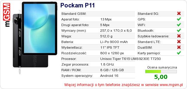 Dane telefonu Pockam P11 Dane telefonu Pockam P11