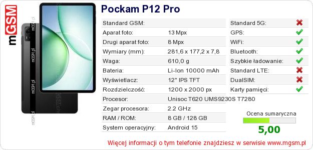Dane telefonu Pockam P12 Pro