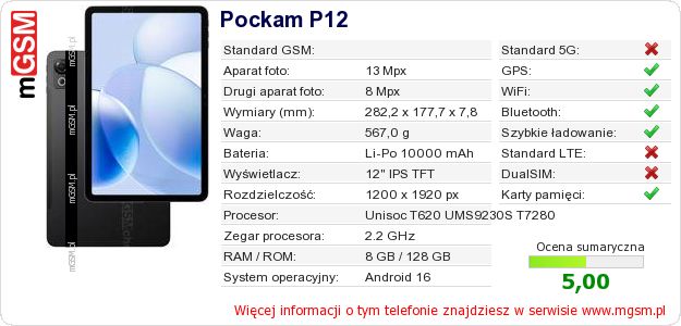 Dane telefonu Pockam P12