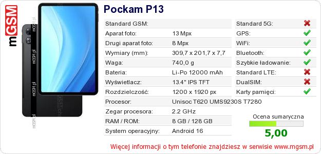 Dane telefonu Pockam P13