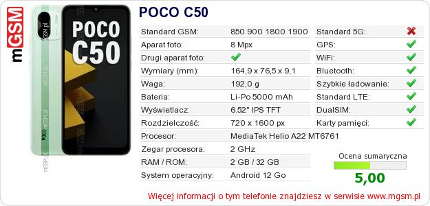 Dane telefonu POCO C50
