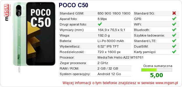 Dane telefonu POCO C50