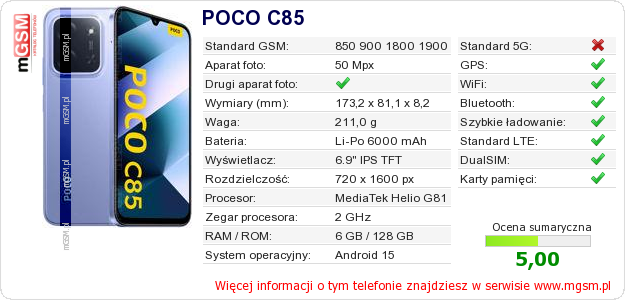Dane telefonu POCO C85