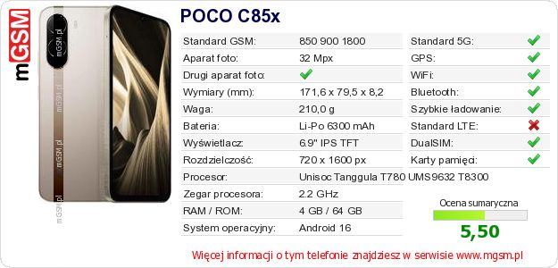 Dane telefonu POCO C85x Dane telefonu POCO C85x