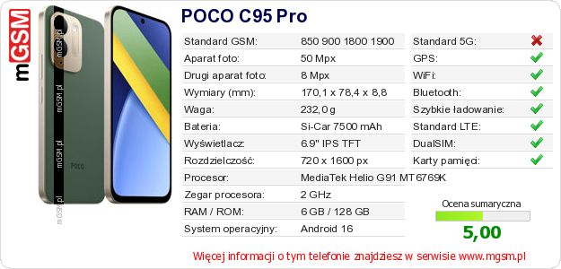 Dane telefonu POCO C95 Pro Dane telefonu POCO C95 Pro