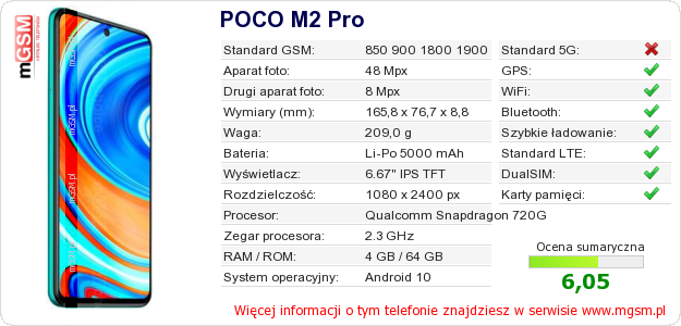 Dane telefonu POCO M2 Pro Dane telefonu POCO M2 Pro