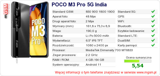 Dane telefonu POCO M3 Pro 5G India