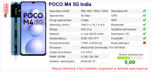 Dane telefonu POCO M4 5G India