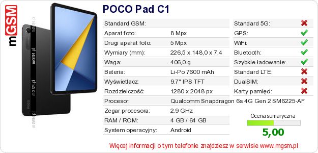 Dane telefonu POCO Pad C1 Dane telefonu POCO Pad C1
