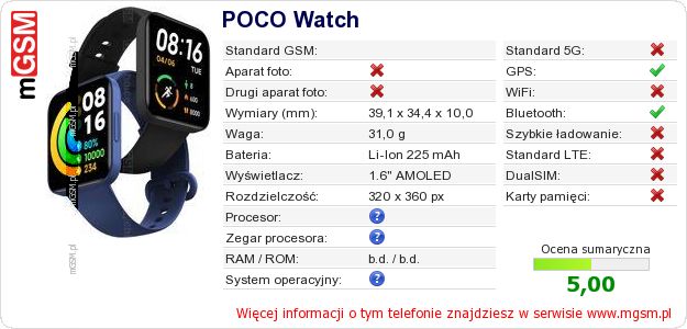 Dane telefonu POCO Watch