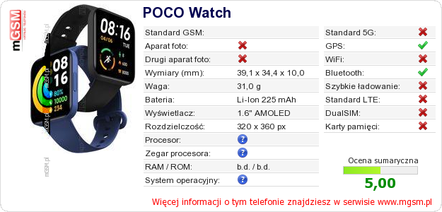 Dane telefonu POCO Watch