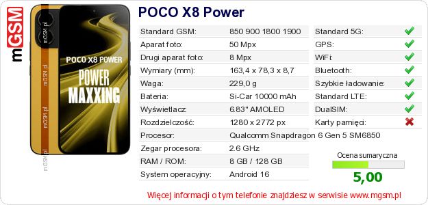 Dane telefonu POCO X8 Power Dane telefonu POCO X8 Power