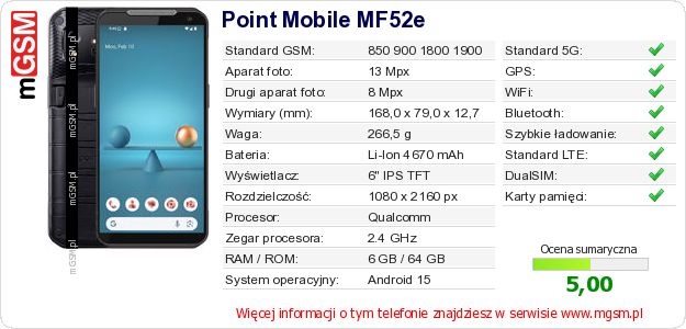 Dane telefonu Point Mobile MF52e Dane telefonu Point Mobile MF52e