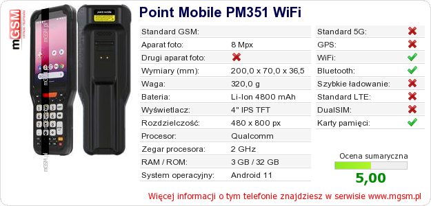 Dane telefonu Point Mobile PM351 WiFi