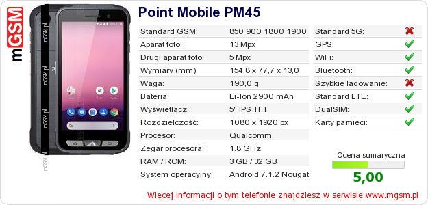 Dane telefonu Point Mobile PM45