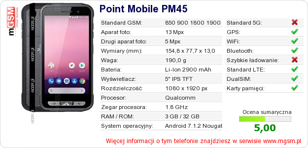 Dane telefonu Point Mobile PM45