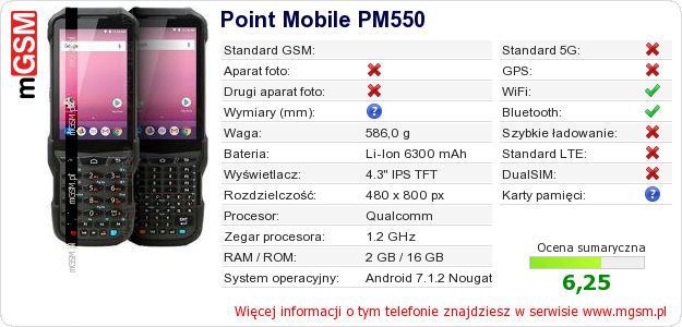 Dane telefonu Point Mobile PM550 Dane telefonu Point Mobile PM550