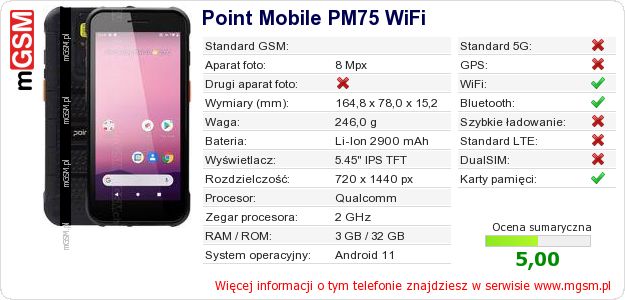 Dane telefonu Point Mobile PM75 WiFi