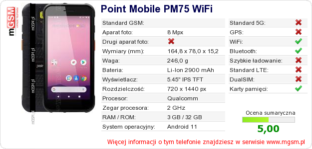 Dane telefonu Point Mobile PM75 WiFi
