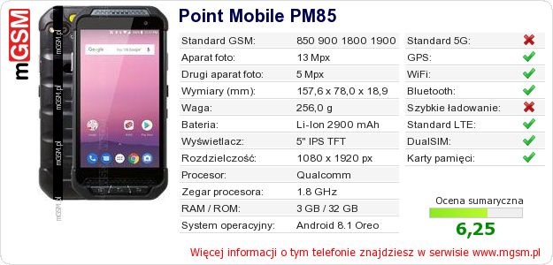 Dane telefonu Point Mobile PM85