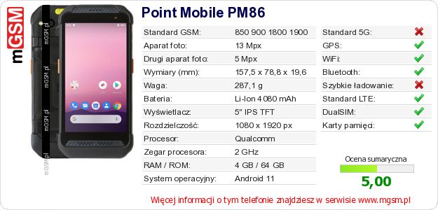 Dane telefonu Point Mobile PM86