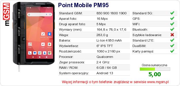 Dane telefonu Point Mobile PM95
