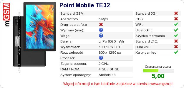 Dane telefonu Point Mobile TE32
