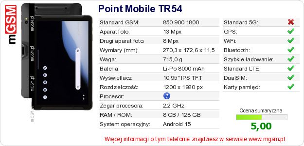 Dane telefonu Point Mobile TR54 Dane telefonu Point Mobile TR54