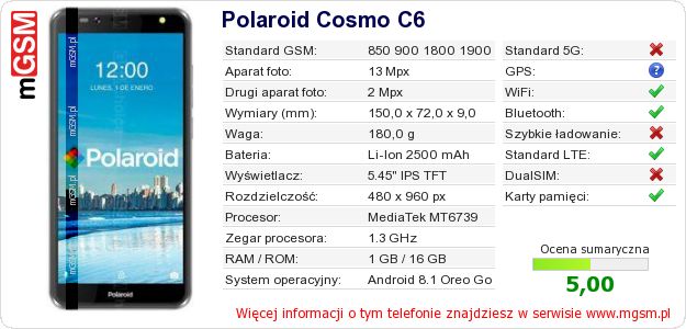 Dane telefonu Polaroid Cosmo C6 Dane telefonu Polaroid Cosmo C6